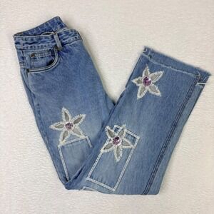 Jeanology Womens Denim Jeans Size 6 Light Wash Flower Sequin Cropped Raw Hem